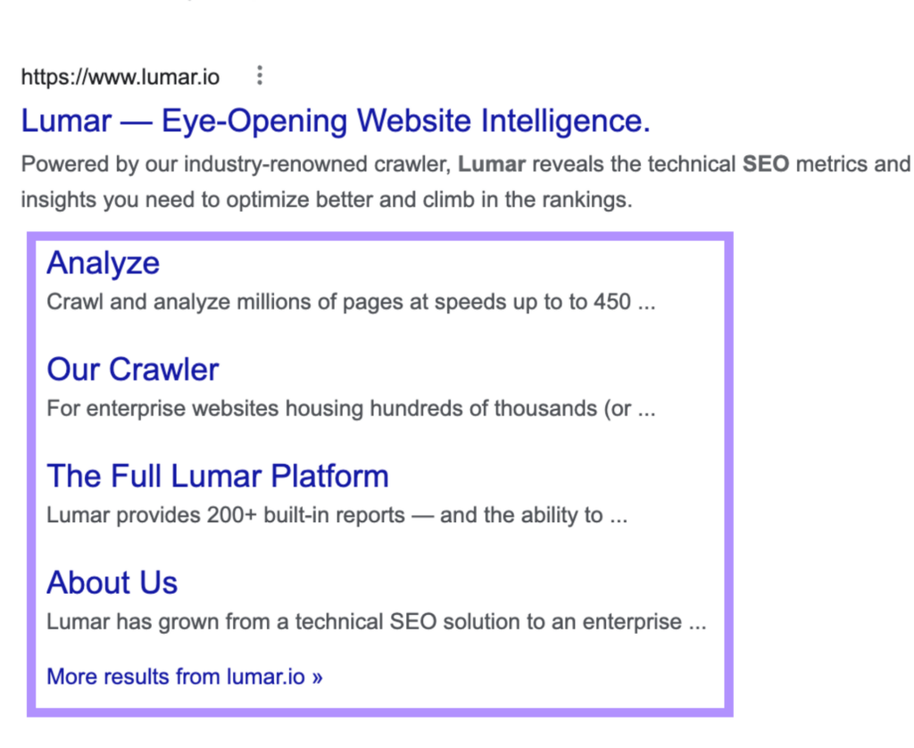 An example of how sitelinks appear as an enhanced SERP feature in Google search results.