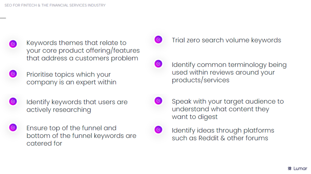 SEO keyword tips for finance related websites like banking fintech insurance etc