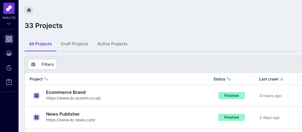 Screenshot of the top left section of the projects home screen in Lumar Analyze. The navigation shows the Analyze app, with the option to switch between all projects, draft projects and active projects.