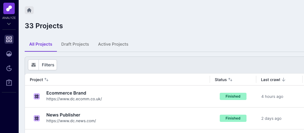 Screenshot of the top left section of the projects home screen in Lumar Analyze. The navigation shows the Analyze app, with the option to switch between all projects, draft projects and active projects. 