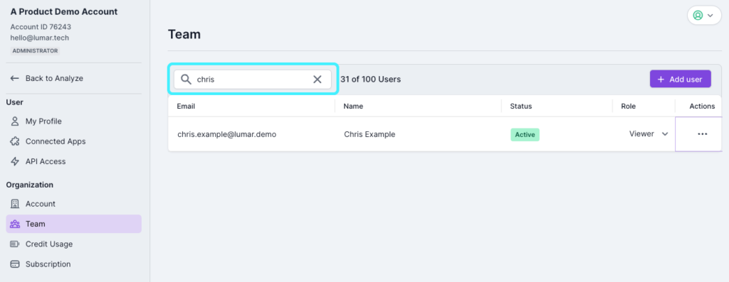 Screenshot of the new search capability in the team section of the Lumar admin area. The screenshot shows 'chris' in the search bar and one result below.