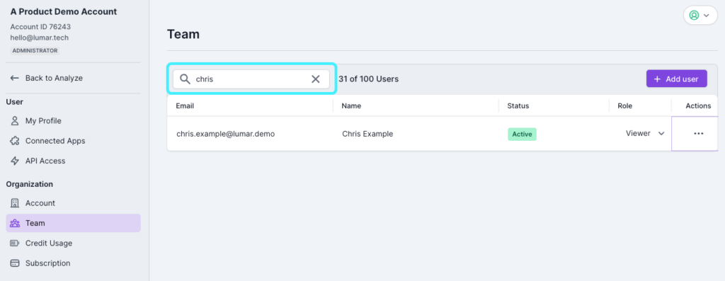 Screenshot of the new search capability in the team section of the Lumar admin area. The screenshot shows 'chris' in the search bar and one result below. 