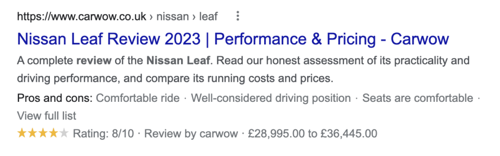 example of a product rich result in google for a search on electric cars