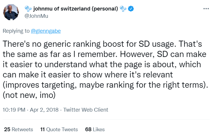 Google's John Mueller's quote about structured data making it easier for search engines to understand what a page is about - via Twitter