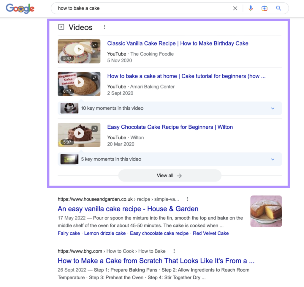 video rich result example in Google search results