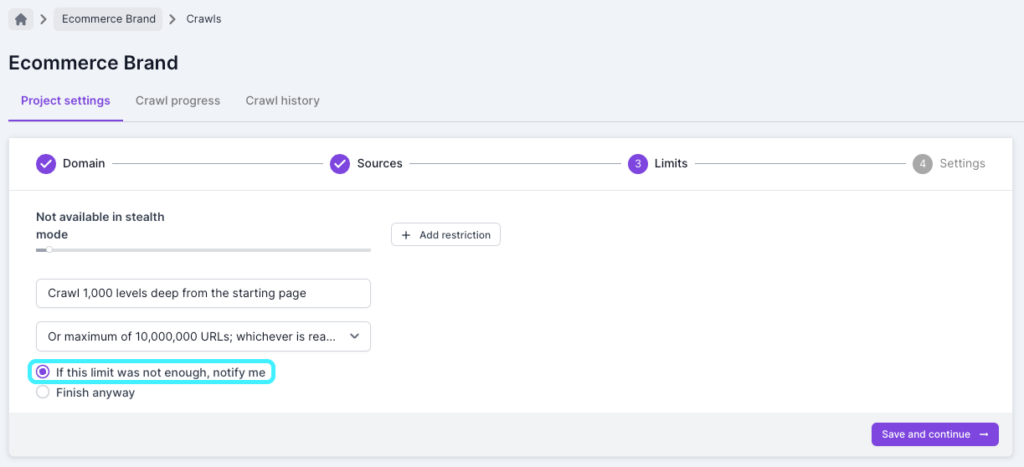 Screenshot of step 3 in Lumar crawl setup, showing the option to receive a notification when crawl limits are nearly reached
