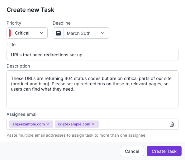 Screenshot of Lumar Analyze create new task modal, showing fields for priority, deadline, a title and description, plus assignee email addresses for notification. In this example, the task is related to URLs returning 404 status codes on critical parts of a site, requiring redirections to relevant pages.
