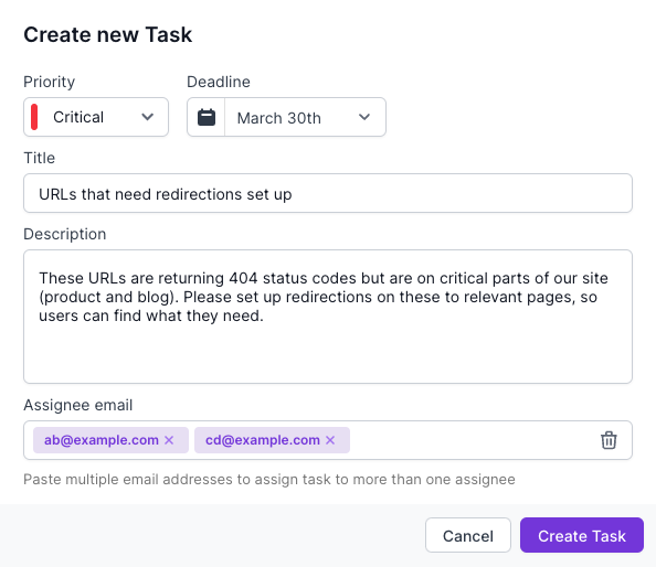 Screenshot of Lumar Analyze create new task modal, showing fields for priority, deadline, a title and description, plus assignee email addresses for notification. In this example, the task is related to URLs returning 404 status codes on critical parts of a site, requiring redirections to relevant pages. 