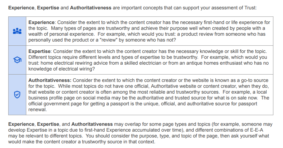 content quality guidelines to establish trustworthiness in Google QRG - experience expertise and authority all help quality raters assess trust