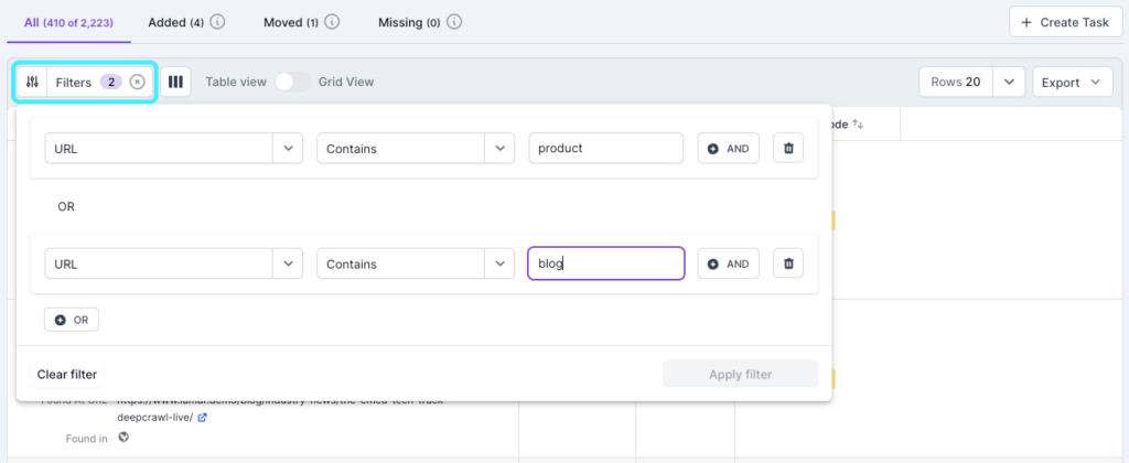 Screenshot of Lumar Analyze reports with the filter option highlighted. The filter options shows different rules that can be completed. This screenshot shows rules for URL contains 'product' or URL contains 'blog'.