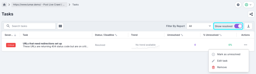 Screenshot of the project task list with the option to 'show resolved tasks' highlighted. The toggle is highlighted so resolved tasks can be seen.