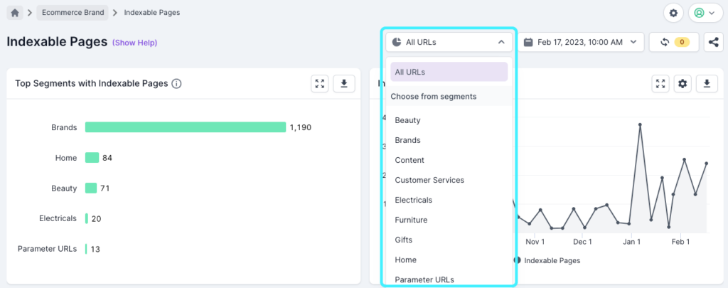Screenshot of Lumar Analyze with the Segment selector highlighted. This functionality allows users to choose from one of the pre-defined segments, and access the segment management area. 