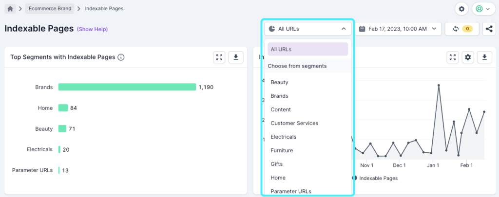 Screenshot of Lumar Analyze with the Segment selector highlighted. This functionality allows users to choose from one of the pre-defined segments, and access the segment management area.