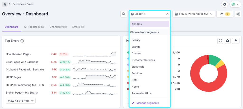 Screenshot of the Lumar overview dashboard, showing the Segment drop down, allowing the user to choose a pre-set segment, or edit or create segments. 