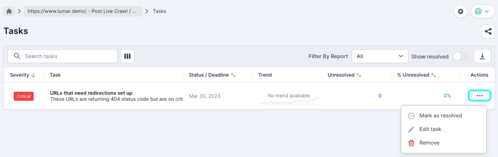 Screenshot of a task in the project task list showing the additional actions option highlighted on the right hand side. The options available are mark as resolved, edit task or remove the task.