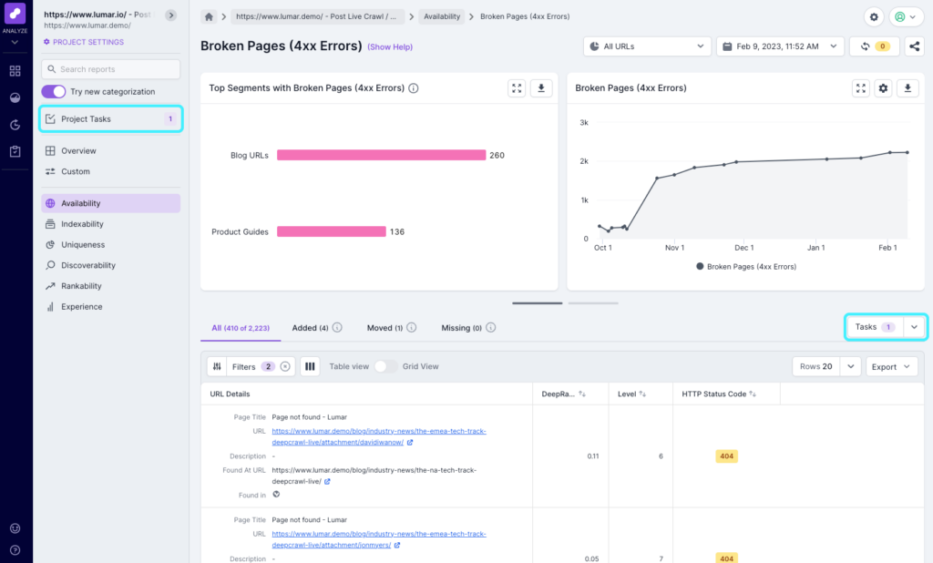Screenshot of Lumar Analyze with the Project Tasks option highlighted in the left hand navigation. Clicking this link will take the user to all tasks for the particular project.