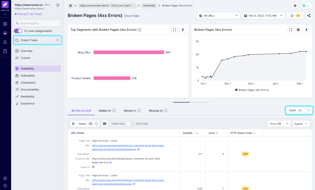 Screenshot of Lumar Analyze with the Project Tasks option highlighted in the left hand navigation. Clicking this link will take the user to all tasks for the particular project. 