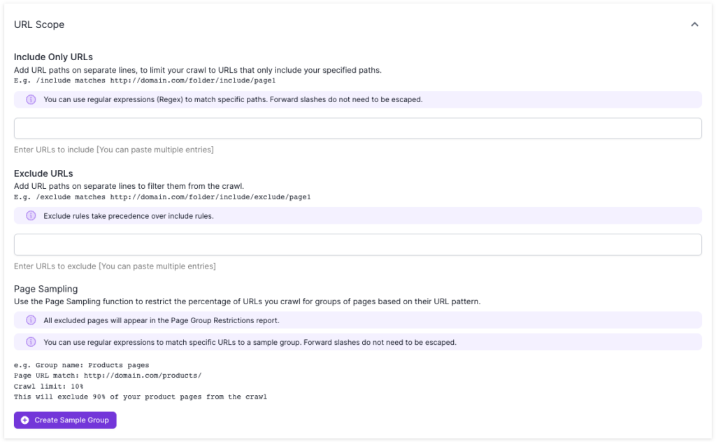 Screenshot of Lumar crawl setup advanced settings, showing options to use page sampling, and include or exclude URLs to crawl groups or sections of your site.