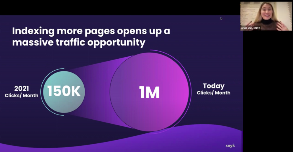 Screenshot of indexability webinar presentation - how Snyk's website went from 150k clicks per month in 2021 to over 1 million clicks per month in 2023