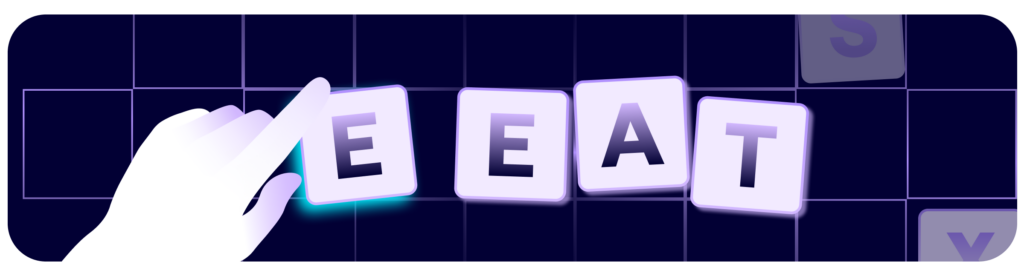 E-E-A-T illustration showing a hand pointing to blocks with the letters EEAT