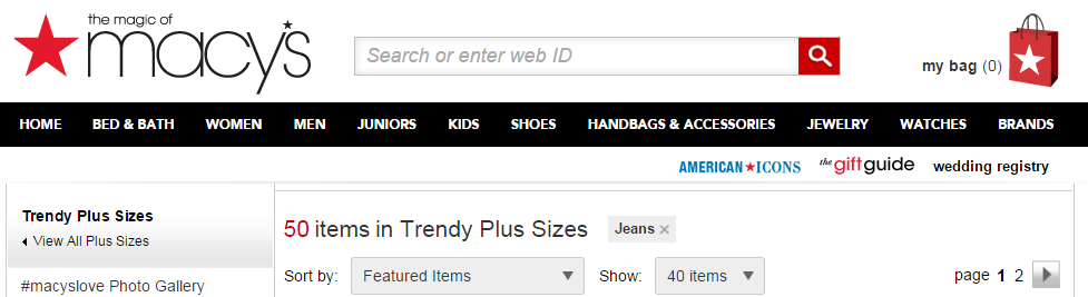 Screenshot of Macy's website showing filter for Trendy Plus Sizes