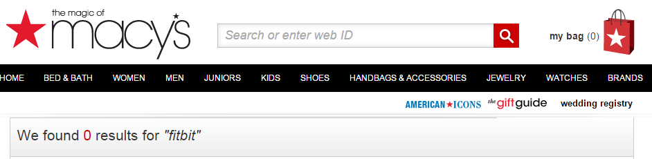 Screenshot of Macy's website showing 0 results for fitbit