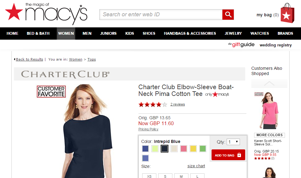 Screenshot of Macy's website showing a product page featuring a cotton tee shirt with 4 star reviews and color picker