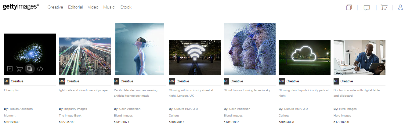 Screenshot of website showing a range of images that can be purchased