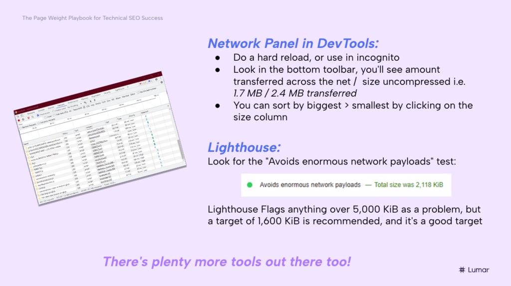 Slide from page weight webinar presentation on using Network Panel in Chrome DevTools and Lighthouse reports to identify page weight issues on your website