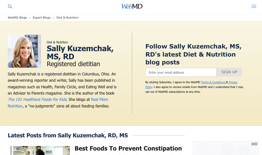 example of an author profile page featuring a healthcare professional on the webmd site