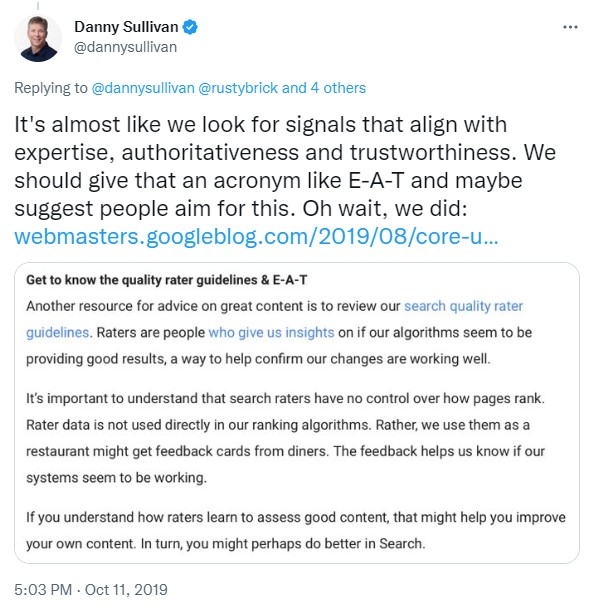 Tweet from Google SEO staff about importance of EEAT 