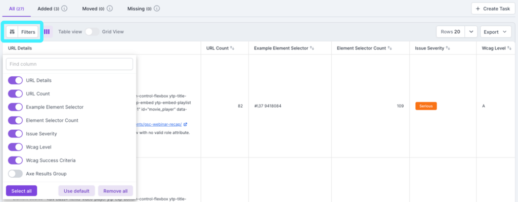 Screenshot of Lumar Analyze showing the option to add columns into the reports.