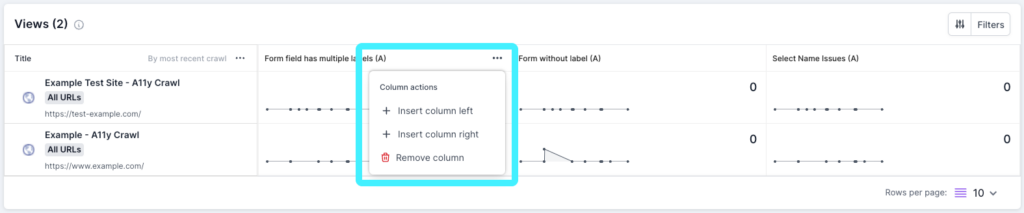 Screenshot of Lumar Monitor dashboard with the column actions highlighted. 