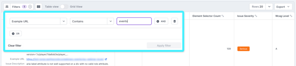 Screenshot of Lumar Analyze showing the report filtering options.