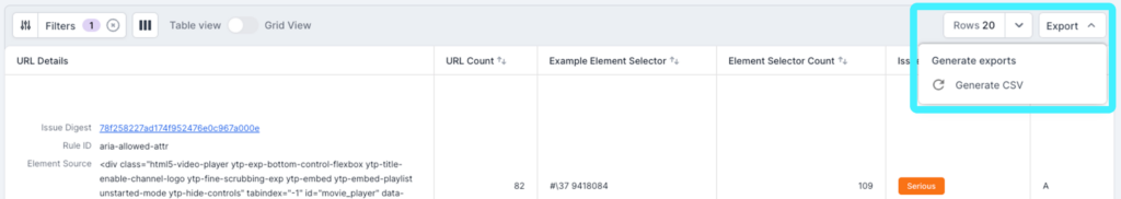 Screenshot of Lumar Analyze showing the report data export option. 