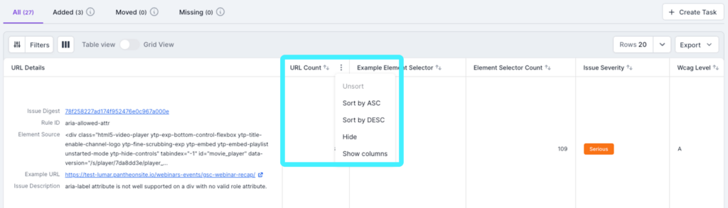 Screenshot of Lumar Analyze showing the column options in the reports.