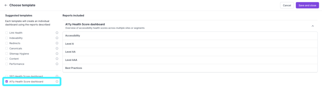 Screenshot of Lumar Monitor, showing the A11y Health Score Dashboard highlighted in the board setup. 