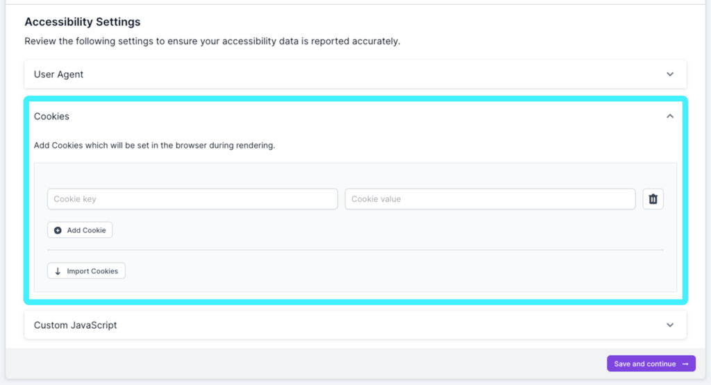 Screenshot of Lumar Analyze, showing the Cookies section expanded in step 1 of the crawl setup. 