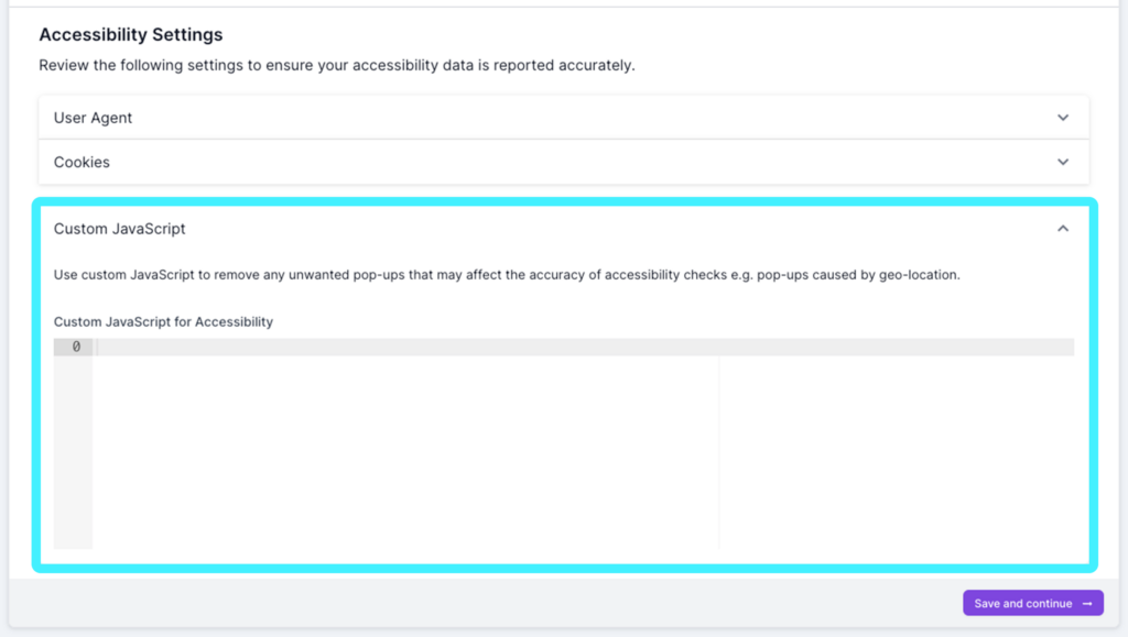 Screenshot of Lumar Analyze, with the Custom JavaScript section enabled in step 1 of crawl setup. 