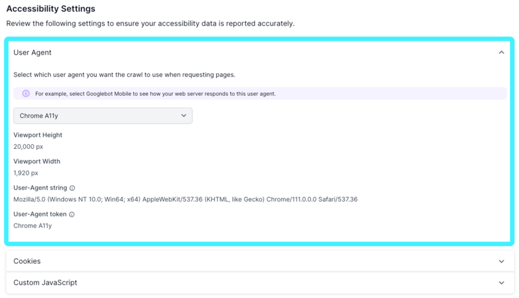 Screenshot of Lumar Analyze, showing the User Agent section expanded in step 1 of the crawl setup. 