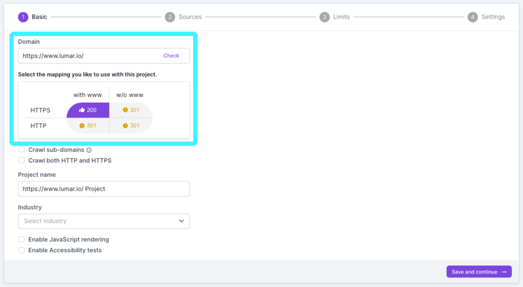 Screenshot of Lumar Analyze, showing step 1 of the crawl setup. This screenshot highlights the domain check, to correctly identify the domain mapping to use with the project.
