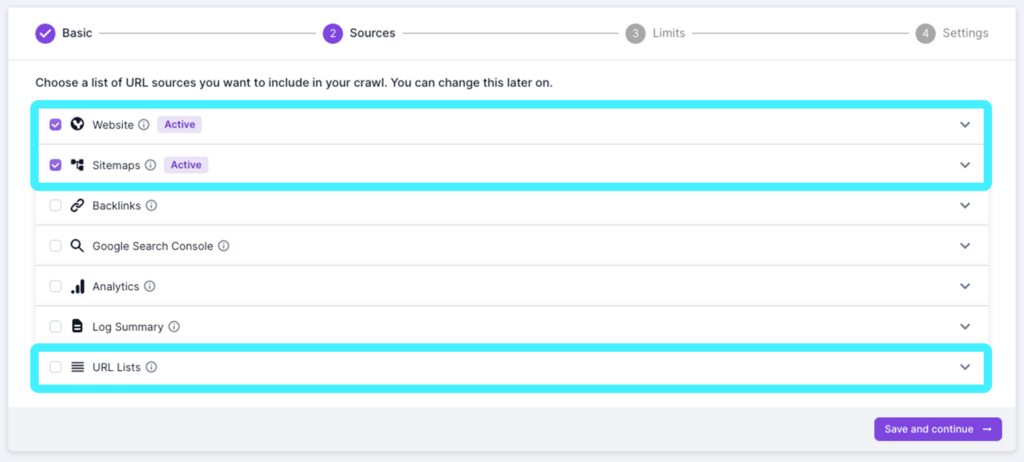 Screenshot of Lumar Analyze, showing Step 2 of the crawl setup, with Website, Sitemaps and URL Lists highlighted.