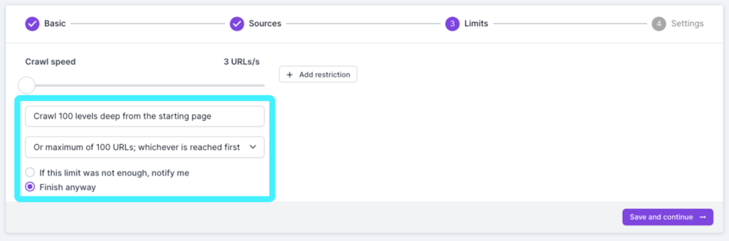 Screenshot of Lumar Analyze showing step 3 of the crawl setup, with the limits section highlighted. 