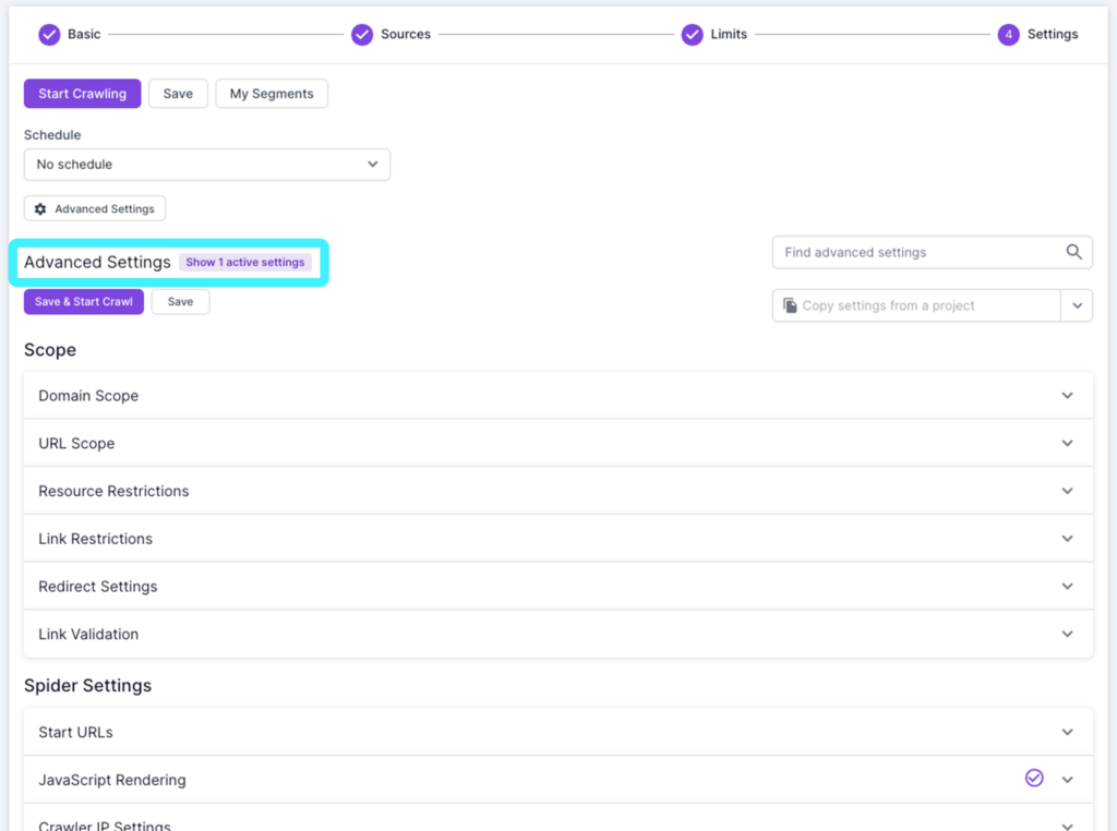 Screenshot of Lumar Analyze showing step 4 of the crawl setup with the advanced settings expanded and highlighted.