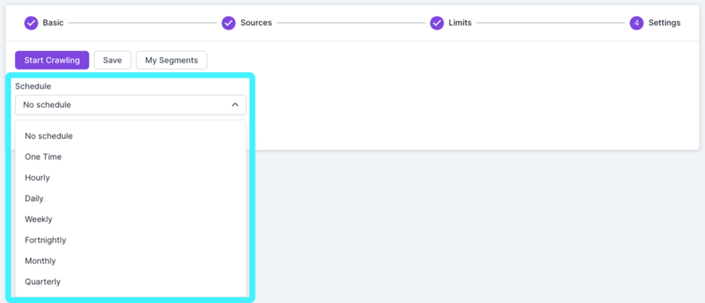 Screenshot of Lumar Analyze showing step 4 of the crawl setup, with the schedule options highlighted.