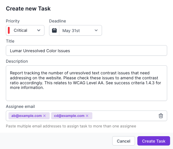 Screenshot of the create task modal in Lumar Analyze