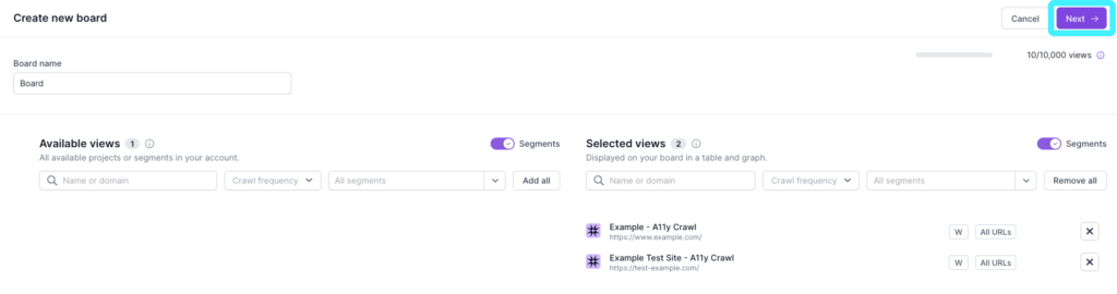 Screenshot of Lumar Monitor showing the 'select views' step of creating a new board, with the 'next' button highlighted. 