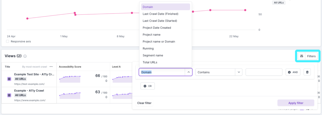 Screenshot of Lumar Monitor with the filtering options highlighted. 