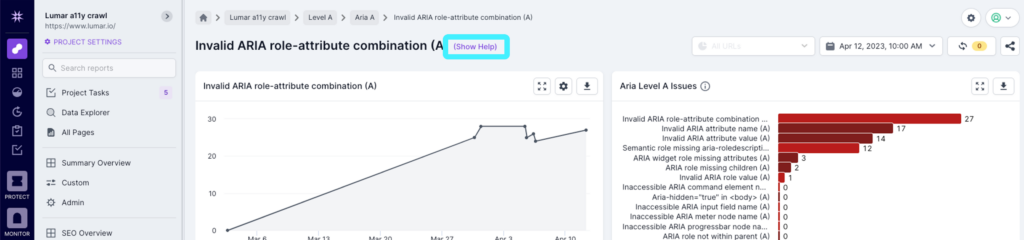 Screenshot of Lumar Analyze showing the Show Help option at the top of a report.