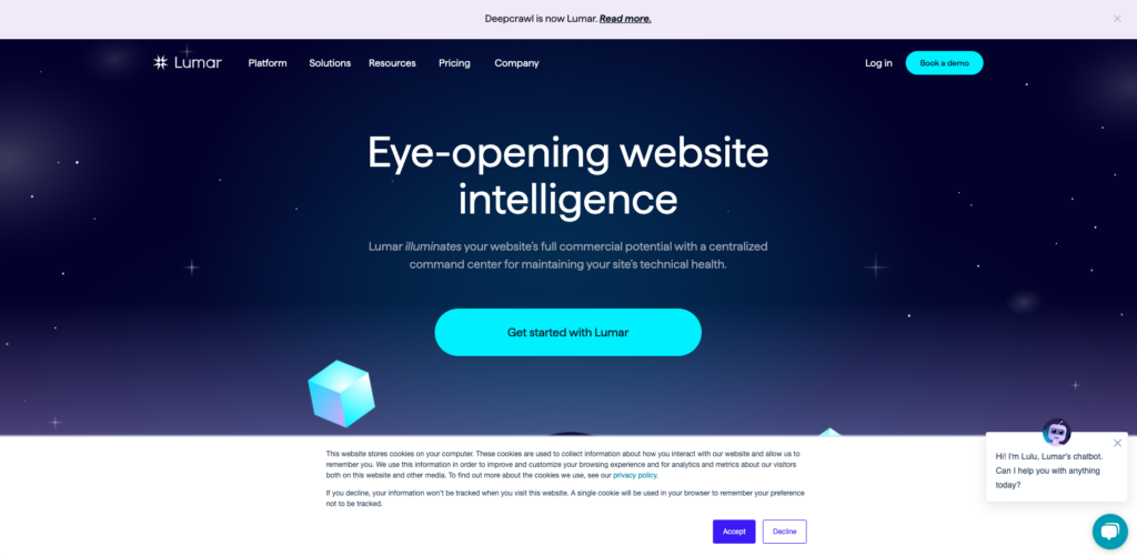Screenshot of the Lumar website, showing the cookie banner, where users can accept or decline the use of cookies.
